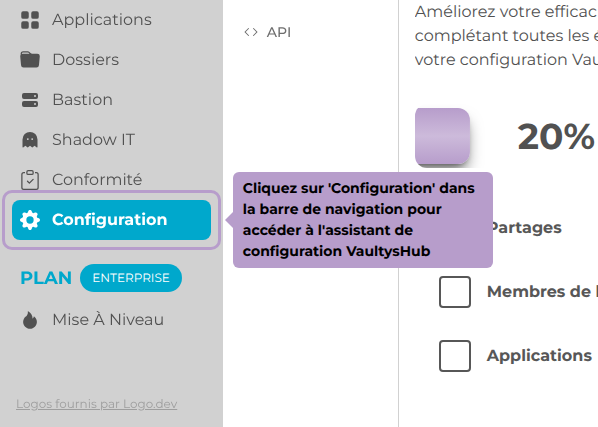 Cliquez sur 'Configuration' dans la barre de navigation pour accéder à l'assistant de configuration VaultysHub