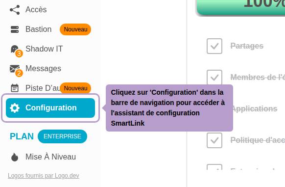 Cliquez sur 'Configuration' dans la barre de navigation pour accéder à l'assistant de configuration SmartLink