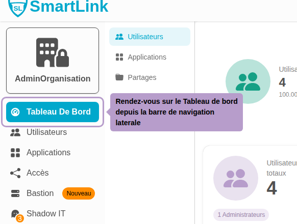 Rendez-vous sur le Tableau de bord depuis la barre de navigation laterale