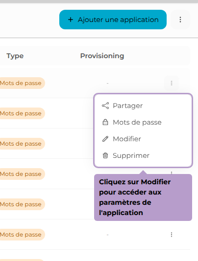 Cliquez sur Modifier pour accéder aux paramètres de l'application
