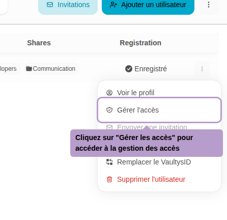 Cliquez sur "Gérer les accès" pour accéder à la gestion des accès