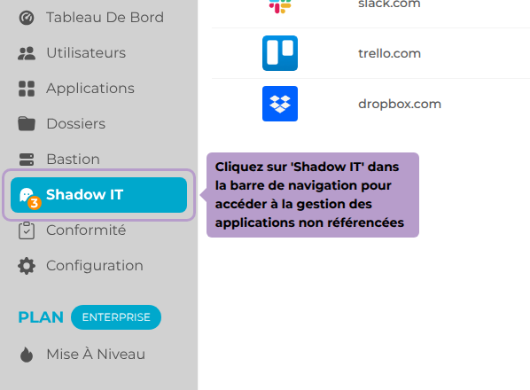Cliquez sur 'Shadow IT' dans la barre de navigation pour accéder à la gestion des applications non référencées