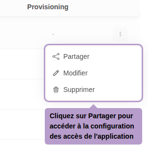 Cliquez sur Partager pour accéder à la configuration des accès de l'application