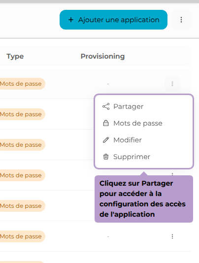 Cliquez sur Partager pour accéder à la configuration des accès de l'application