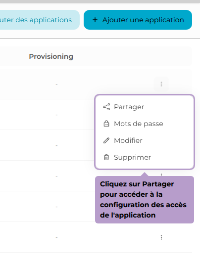 Cliquez sur Partager pour accéder à la configuration des accès de l'application