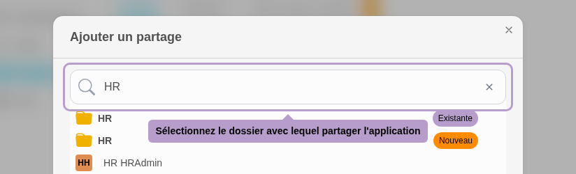 Sélectionnez le dossier avec lequel partager l'application
