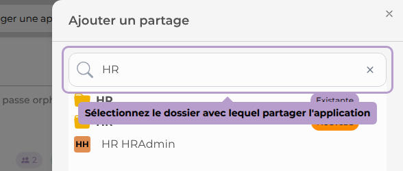 Sélectionnez le dossier avec lequel partager l'application