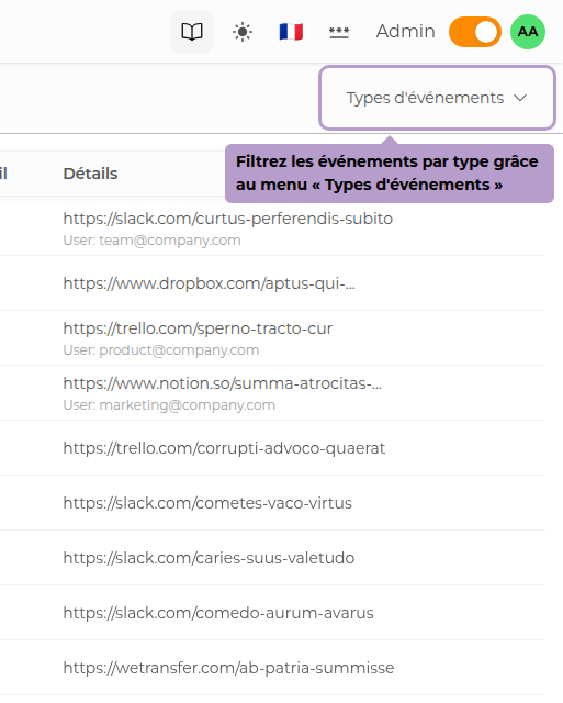 Filtrez les événements par type grâce au menu « Types d'événements »