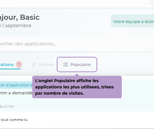 L'onglet Populaire affiche les applications les plus utilisees, triees par nombre de visites.