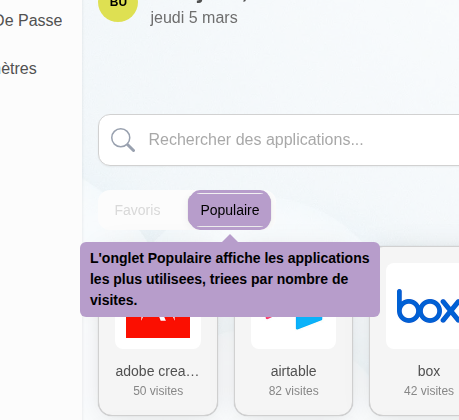 L'onglet Populaire affiche les applications les plus utilisees, triees par nombre de visites.