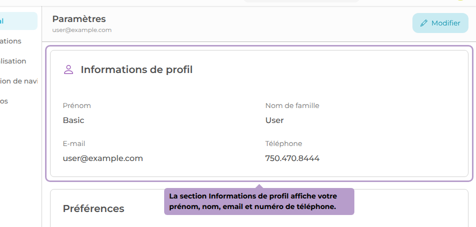 La section Informations de profil affiche votre prénom, nom, email et numéro de téléphone.