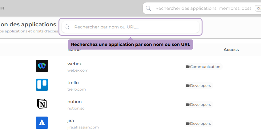 Recherchez une application par son nom ou son URL