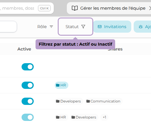 Filtrez par statut : Actif ou Inactif