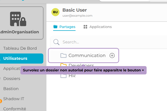 Survolez un dossier non autorisé pour faire apparaître le bouton +