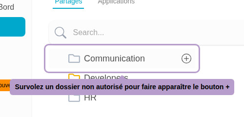 Survolez un dossier non autorisé pour faire apparaître le bouton +