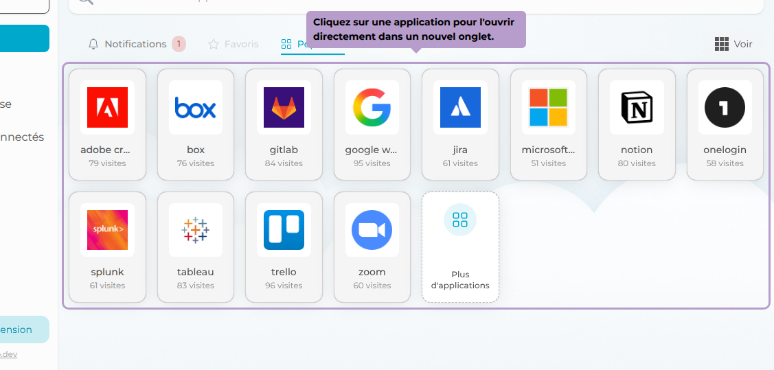 Cliquez sur une application pour l'ouvrir directement dans un nouvel onglet.