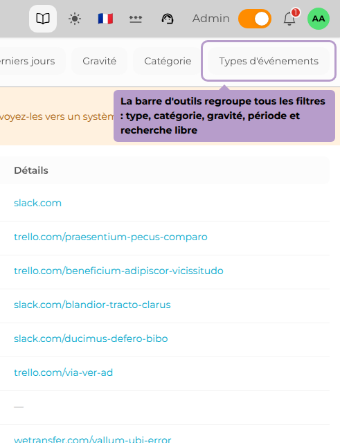 La barre d'outils regroupe tous les filtres : type, catégorie, gravité, période et recherche libre