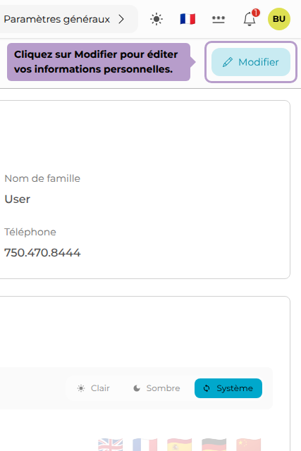 Cliquez sur Modifier pour éditer vos informations personnelles.