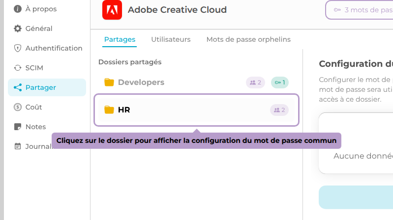 Cliquez sur le dossier pour afficher la configuration du mot de passe commun
