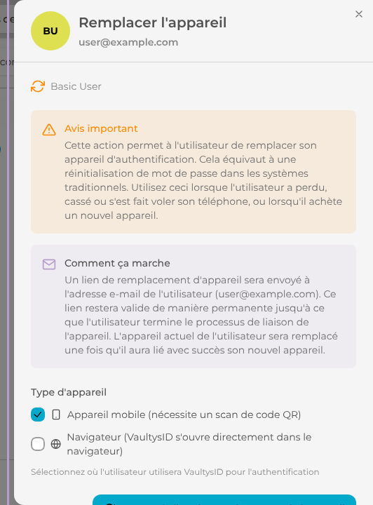 Le panneau de remplacement s'ouvre avec les informations de la procédure