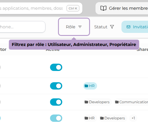 Filtrez par rôle : Utilisateur, Administrateur, Propriétaire