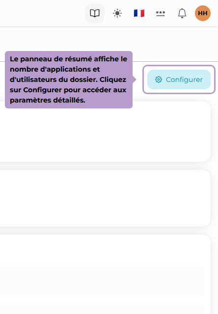 Le panneau de résumé affiche le nombre d'applications et d'utilisateurs du dossier. Cliquez sur Configurer pour accéder aux paramètres détaillés.