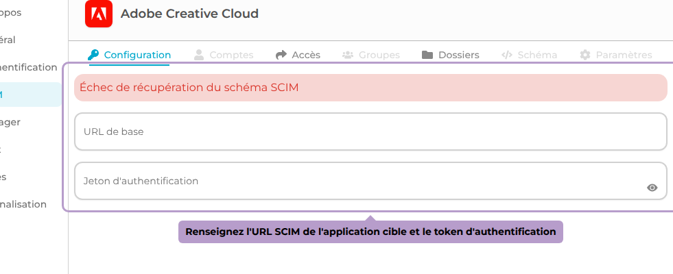 Renseignez l'URL SCIM de l'application cible et le token d'authentification