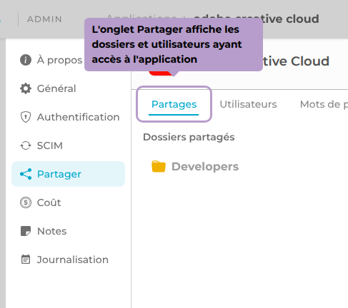 L'onglet Partager affiche les dossiers et utilisateurs ayant accès à l'application