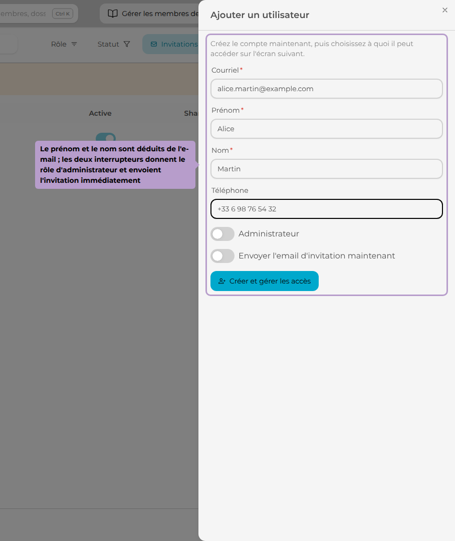 Le prénom et le nom sont déduits de l'e-mail ; les deux interrupteurs donnent le rôle d'administrateur et envoient l'invitation immédiatement