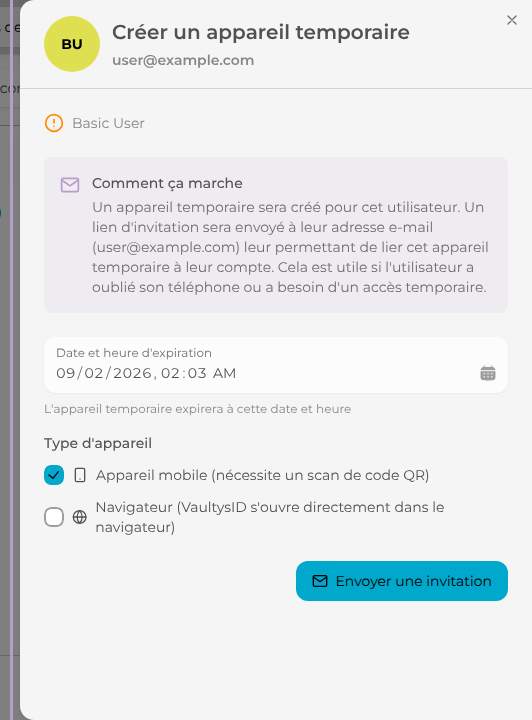 Le panneau de création du VaultysID temporaire s'ouvre