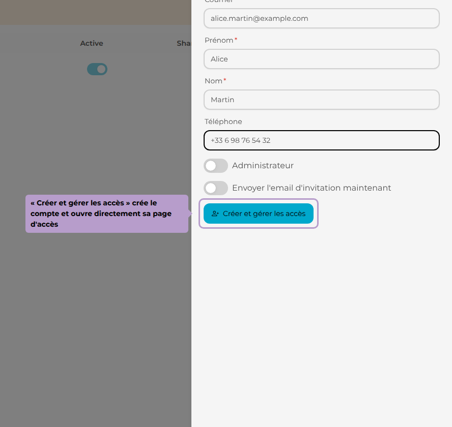 « Créer et gérer les accès » crée le compte et ouvre directement sa page d'accès