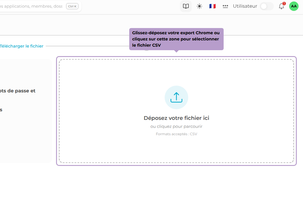 Glissez-déposez votre export Chrome ou cliquez sur cette zone pour sélectionner le fichier CSV