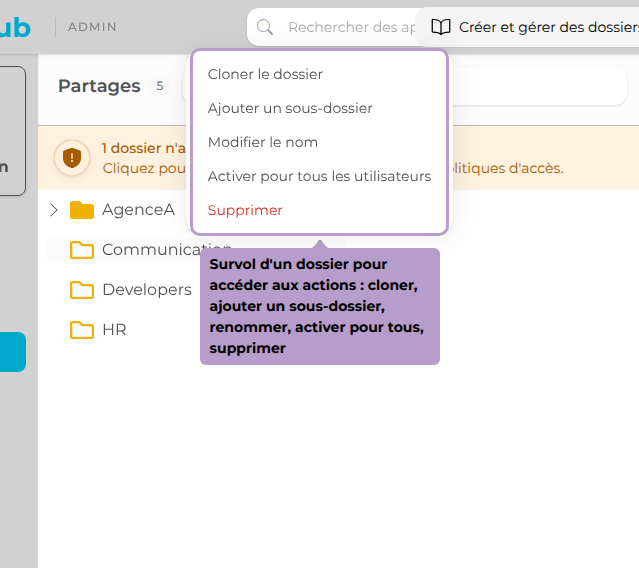 Survol d'un dossier pour accéder aux actions : cloner, ajouter un sous-dossier, renommer, activer pour tous, supprimer
