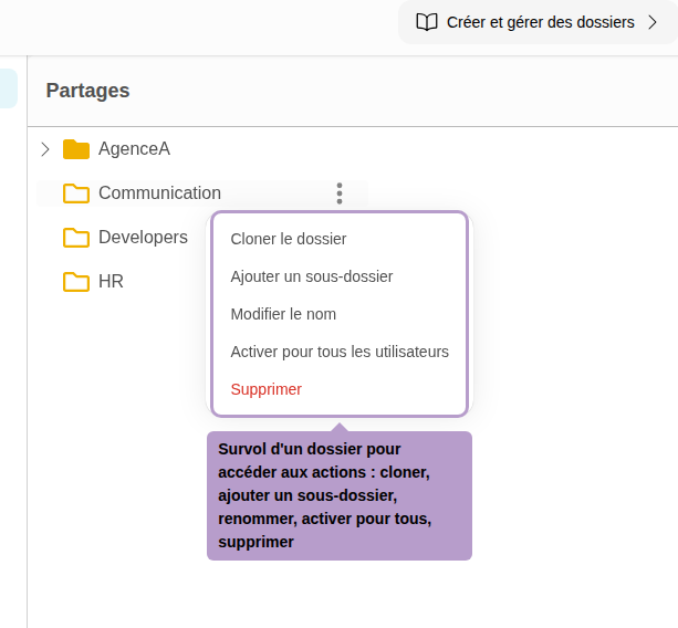 Survol d'un dossier pour accéder aux actions : cloner, ajouter un sous-dossier, renommer, activer pour tous, supprimer