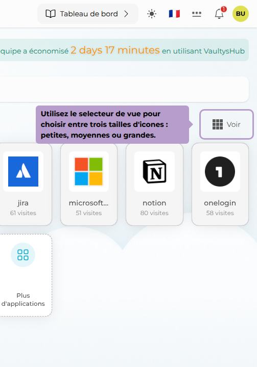 Utilisez le selecteur de vue pour choisir entre trois tailles d'icones : petites, moyennes ou grandes.