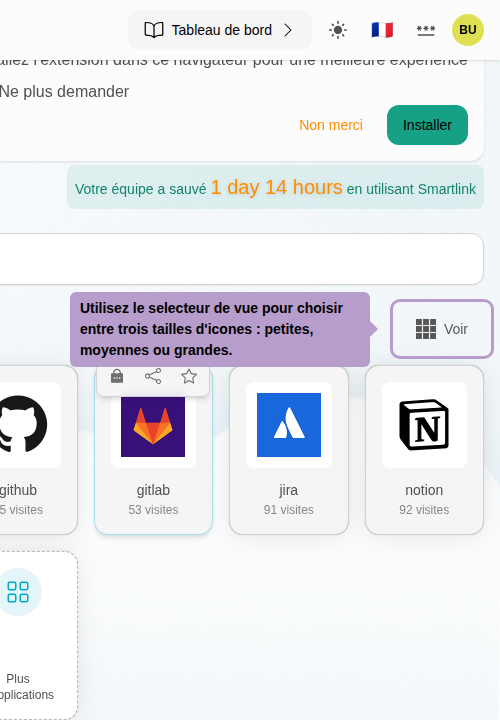 Utilisez le selecteur de vue pour choisir entre trois tailles d'icones : petites, moyennes ou grandes.