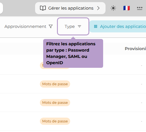Filtrez les applications par type : Password Manager, SAML ou OpenID