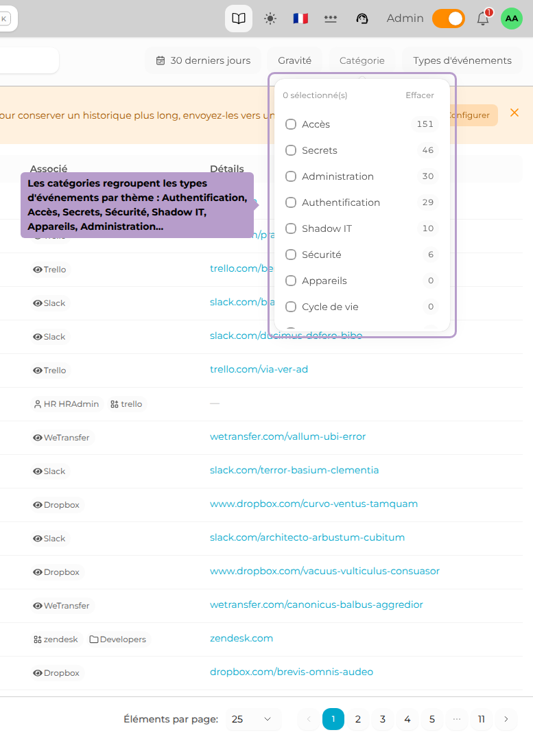 Les catégories regroupent les types d'événements par thème : Authentification, Accès, Secrets, Sécurité, Shadow IT, Appareils, Administration…
