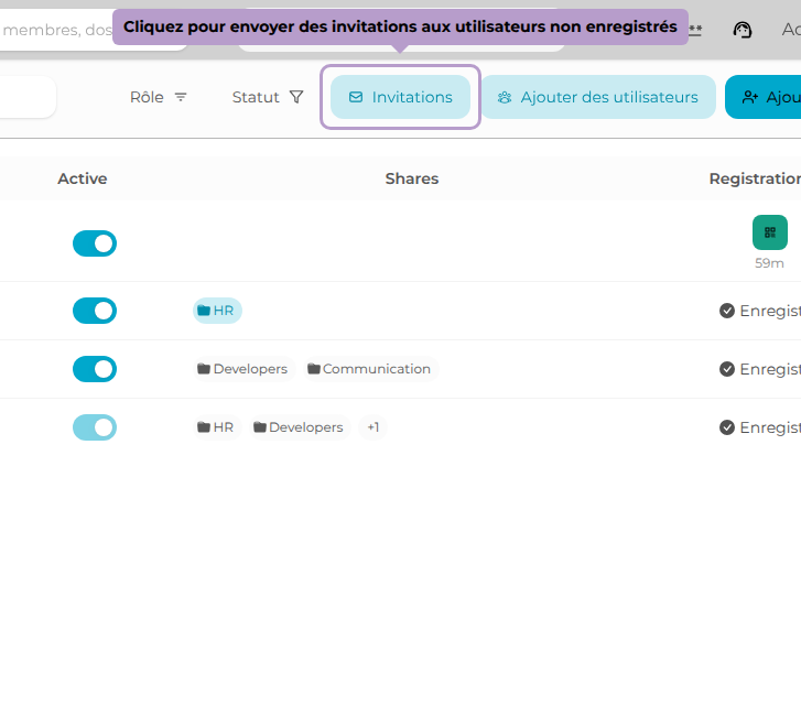 Cliquez pour envoyer des invitations aux utilisateurs non enregistrés