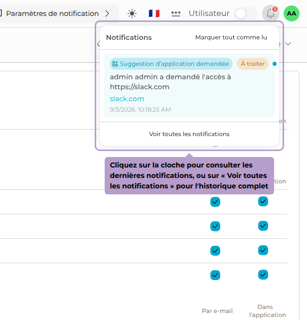 Cliquez sur la cloche pour consulter les dernières notifications, ou sur « Voir toutes les notifications » pour l'historique complet