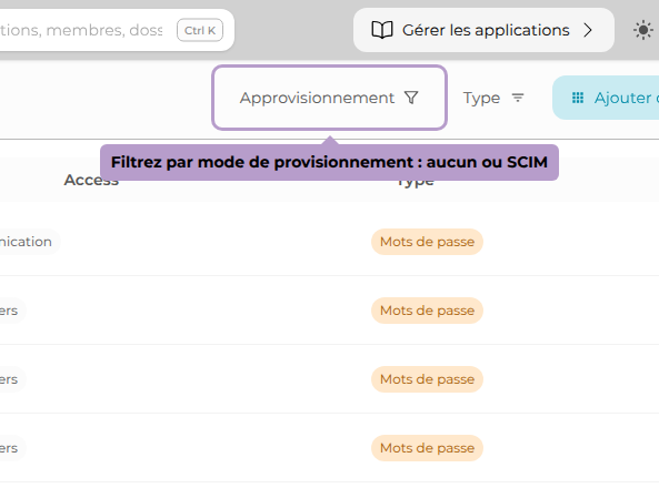 Filtrez par mode de provisionnement : aucun ou SCIM