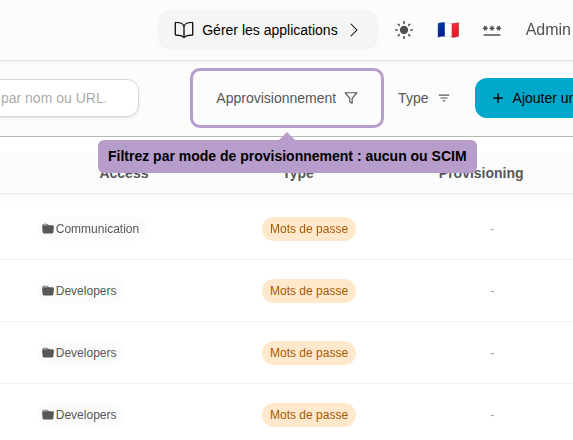 Filtrez par mode de provisionnement : aucun ou SCIM