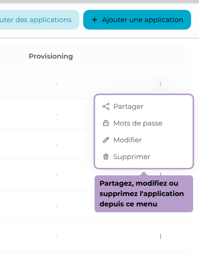 Partagez, modifiez ou supprimez l'application depuis ce menu