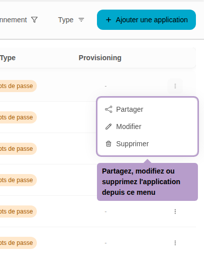 Partagez, modifiez ou supprimez l'application depuis ce menu