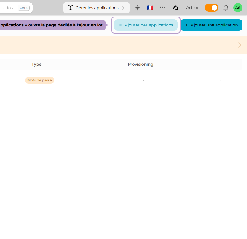 « Ajouter des applications » ouvre la page dédiée à l'ajout en lot