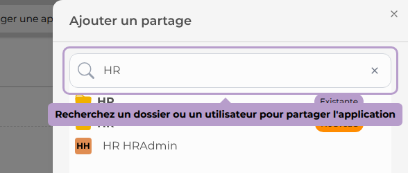 Recherchez un dossier ou un utilisateur pour partager l'application