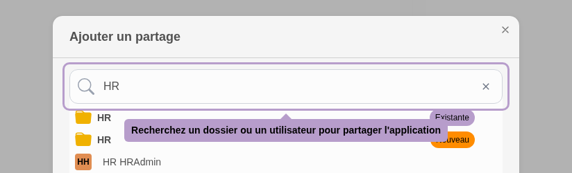 Recherchez un dossier ou un utilisateur pour partager l'application