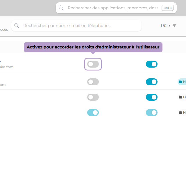 Activez pour accorder les droits d'administrateur à l'utilisateur