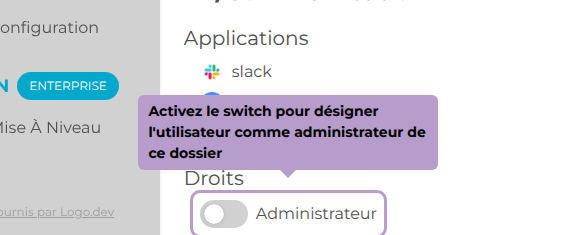 Activez le switch pour désigner l'utilisateur comme administrateur de ce dossier