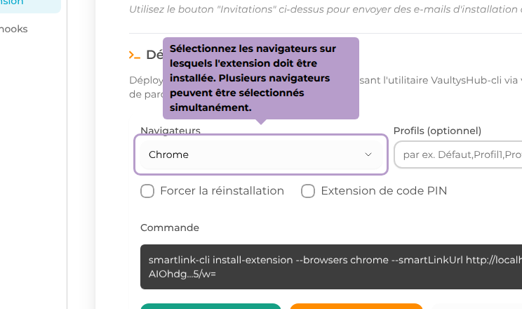 Sélectionnez les navigateurs sur lesquels l'extension doit être installée. Plusieurs navigateurs peuvent être sélectionnés simultanément.